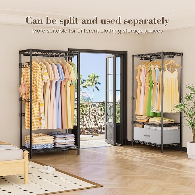 Golpart Coat Rack Clothes Wardrobe：Closet Organizer and Storage Clothing Garment Rack with Shelves Heavy Duty for Hanging Clothes Portable Adjustable Black 15.8" DX69 WX76.5 H