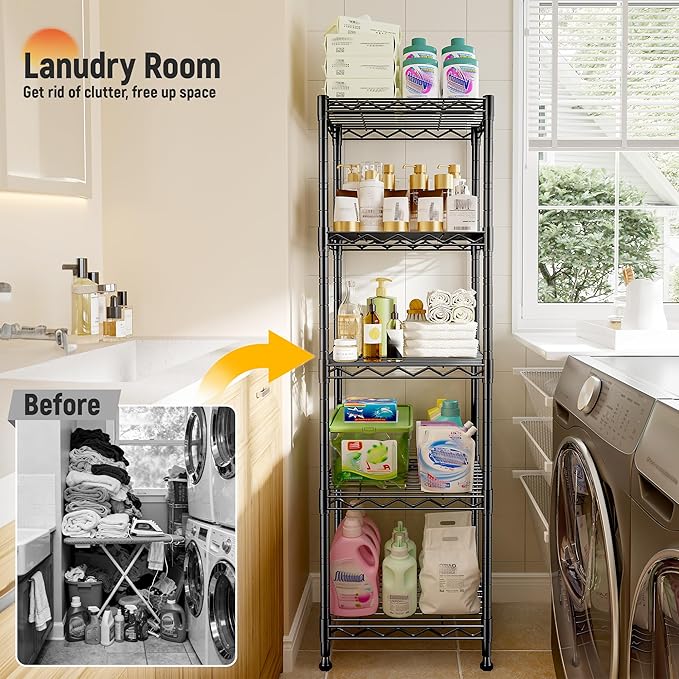 5 Tier Metal Shelving Unit Wire Shelving,Storage Shelves for Small Space:Adjustable Storage Rack Standing Bathroom Shelf and Narrow Shelf for Laundry Dorm Kitchen Pantry Closet15.8"w*11.8"D*53"H