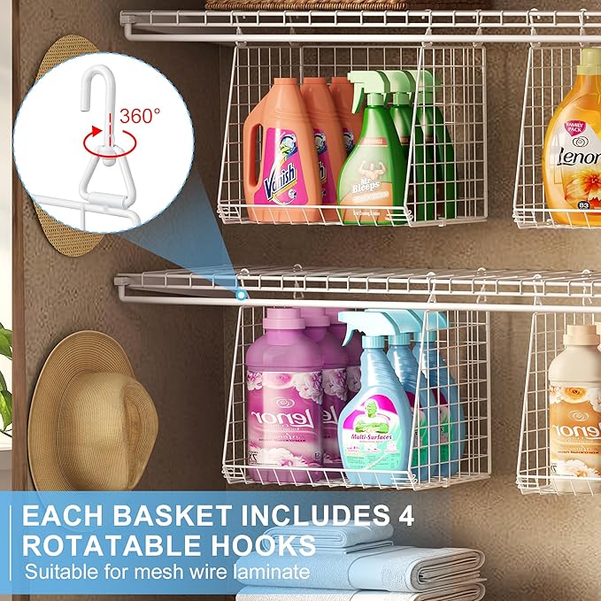 3-Pack Extra-Tall 13.6'' Hanging Laundry Basket Organizer, Foldable Wire Shelf with 360° Rotating Hooks & Reinforced Height - Durable Space-Saving Laundry Room & Closet Organizer, White Patent