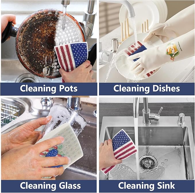 4Pcs USA Flag Heavy Duty Kitchen Dish Sponges | Large Odor Free Non-Scratch Scrub Pad | Household Cleaning Scrubber for Sink, Counters, Surfaces, Pots, Pans, Dishwashing (6" x 4" x 1"), Style 2