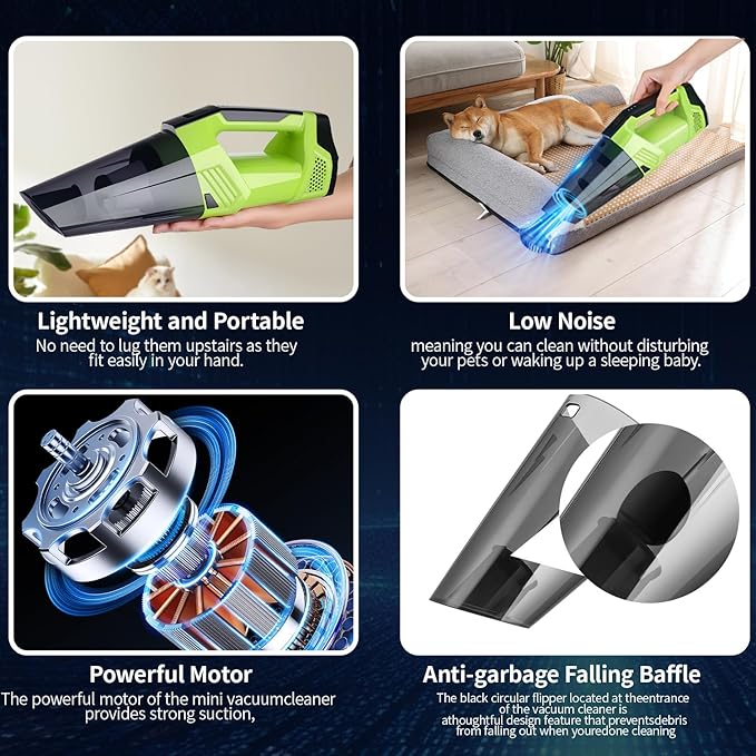 Cordless Car Vacuum: Portable Handheld Vacuum with LED Light, High Power Suction, Lightweight Rechargeable Hand Vacuum Cleaner for Car, Home, Office, and Pet Hair - Green