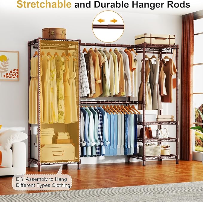 Ulif E7 Garment Rack, Heavy Duty Clothes Storage System with Extendable Hangers Rods, Metal Clothing Rack with 6 Wire Shelves, (52.3"-72") W x 14.5" D x 71.2" H, Load 838lbs, Bronze
