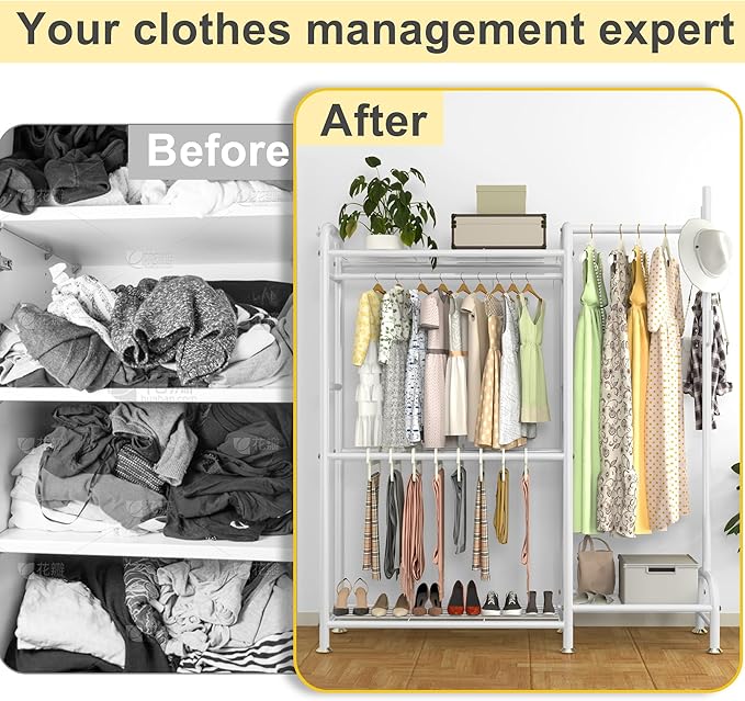 GAIOUS White Portable Closet Rack Wardrobe Clothes, Metal Garment Rack with Shelves for Hanging Clothes Rods，Freestanding Closet Wardrobe Organizer for Cloakroom, Bedroom