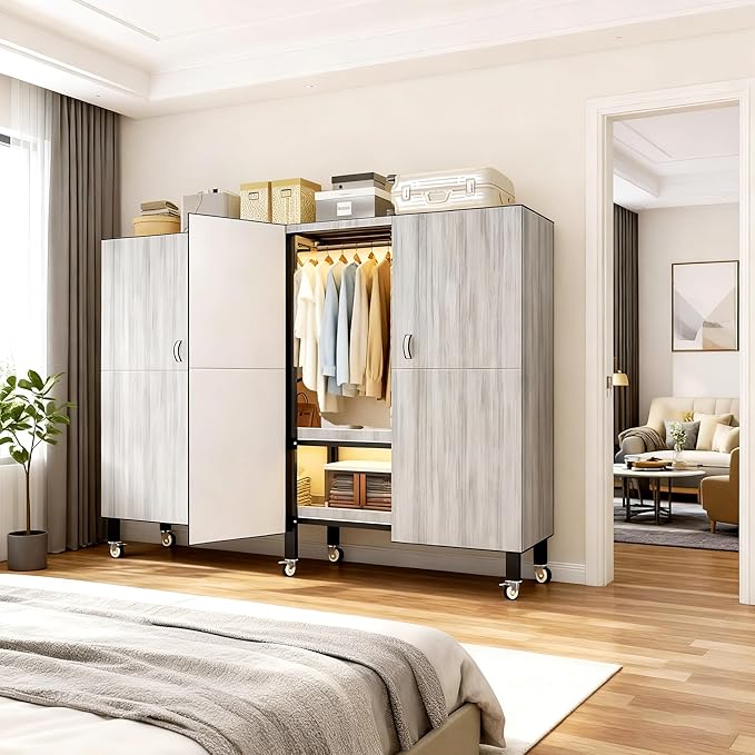 Foldable Portable Armoire Wardrobe Closet for Hanging Clothes Rack, Heavy Duty Covered Clothes Rack with Cover(HARDBOARD Magnetic), Closet Garment Rack for Bedroom Storage (KT Woodgrain Gray, 59.05in)