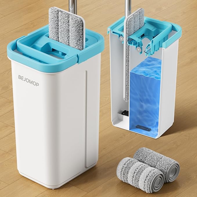 Mop and Bucket Set, Mops for Floor Cleaning Turquoise-Cyan, Wall Mop with Long Handle, Squeeze Flat Mop and Bucket System, Dry & Wet Dust Mop for Household Cleaning with 2 Microfiber Mops