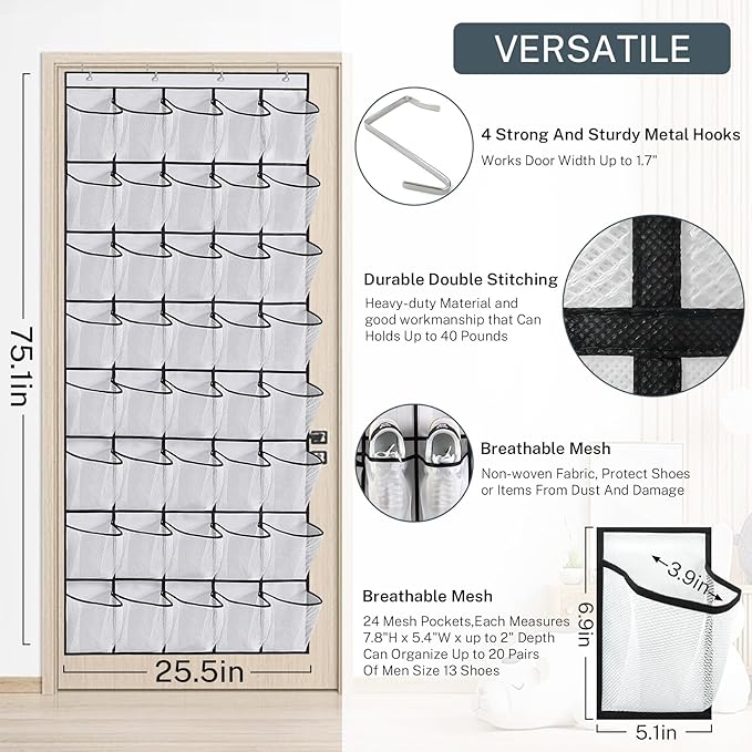 40-Pocket Over the Door Shoe Organizer - Large Mesh Pocket Hanging Shoe Organizer,Behind the Door Shoes Storage Holder Hanger,Large Capacity Design for Dorm Room College,Store 20 Pairs(Grey)
