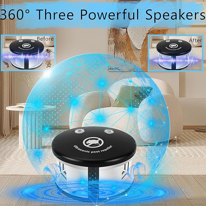Mouse Repellent Ultrasonic Rodent Repeller Plug in Indoor,360° Ultrasonic Rodent Repellent,3 Mode Switch with Pressure Wave, Squirrel Repellent Mice Deterrent for House Garage Warehouse RV, Black