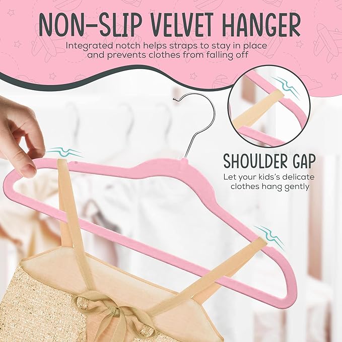 TechZoo 25 Premium Kids Velvet Hangers - 14" Non-Slip Clothes Hangers for Kids & Preteens - Ultra Slim, Space-Saving, Strong & Durable Hangers with 360° Swivel Hook - Pink