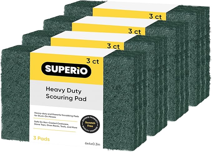 Scouring Pad Non-Scratching Scrubber Non-Scratch Cleaning Scrub Pads Heavy Duty Scouring Pad Reusable Kitchen Scrubbing Pad Pack of 12 Green, by Superio
