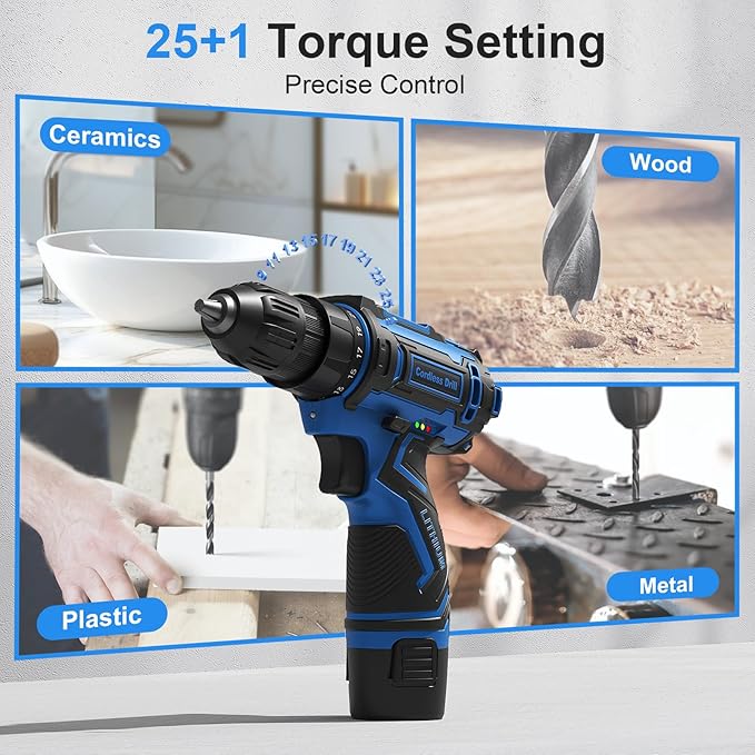 Cordless Drill Set,12V Power Drill Driver 3/8" Keyless Chuck with 92 Acessories, Built-in LED Light, 25+1 Position, Electric Drill for Home DIY Projects（Blue）