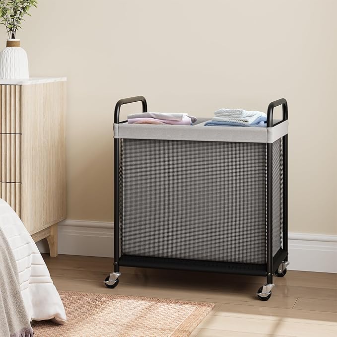 ELYKEN Laundry Hamper 2 Section, 100L Rolling Laundry Sorter with Removable Liner Bag, Laundry Basket with Wheels, Steel Frame with Metal Handle, Clothes Hamper Cart for Laundry Room & Bedroom