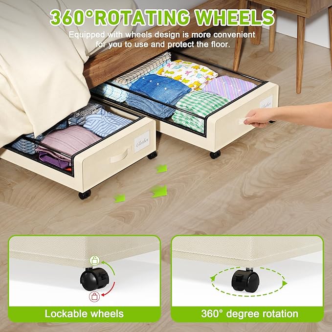 Tututry Under Bed Storage with Wheels, XXL 60L Under the Bed Storage Bins, Underbed Storage Containers with Lids & Label, Rolling Metal Drawer for Shoes, Clothes, Books, Toys (2-Pack Beige)