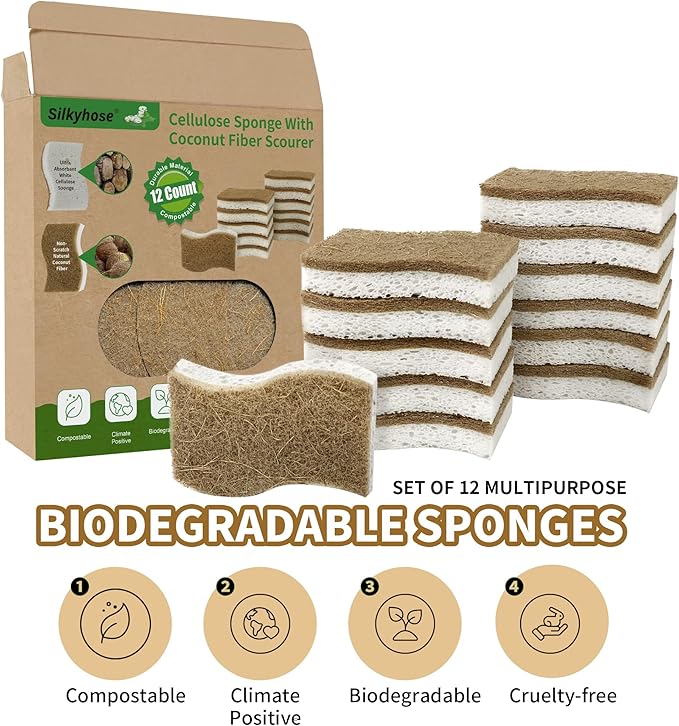 Natural Kitchen Sponges, Biodegradable & Compostable | Non-Scratch Cellulose Coconut Fiber Sponges for Dishes, Pots & Pans | Eco-Friendly Cleaning Sponge (12)