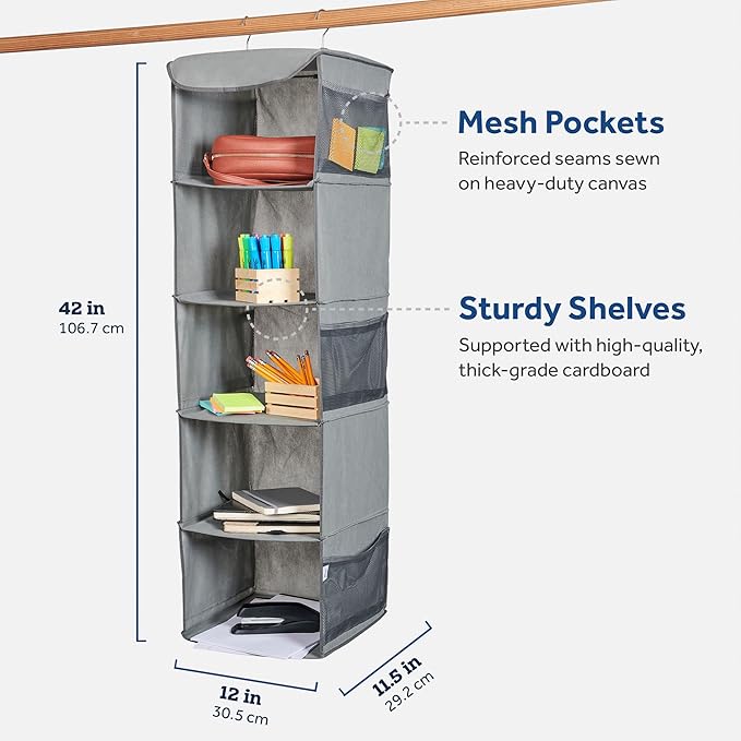 ZOBER Hanging Closet Organizer, 5-Shelf - Hanging Storage Organizer Shelves for Clothes, Towels, Toys - College Dorm Room, Nursery, & Home Closet (Pack of 2)