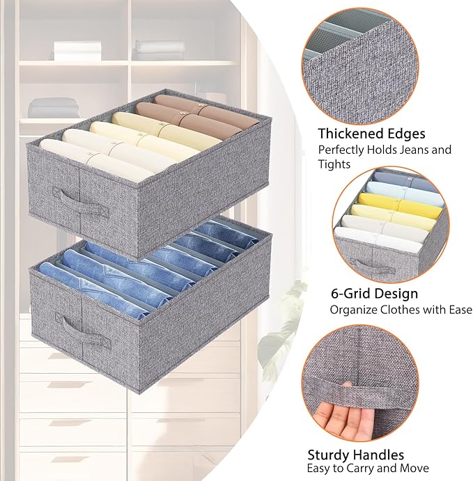 Fixwal 4pcs Wardrobe Clothes Organizer with Board Closet Organizers and Storage 6 Grids Divider Organizers Compartment Storage Bins for Jeans T-shirt Pants Legging