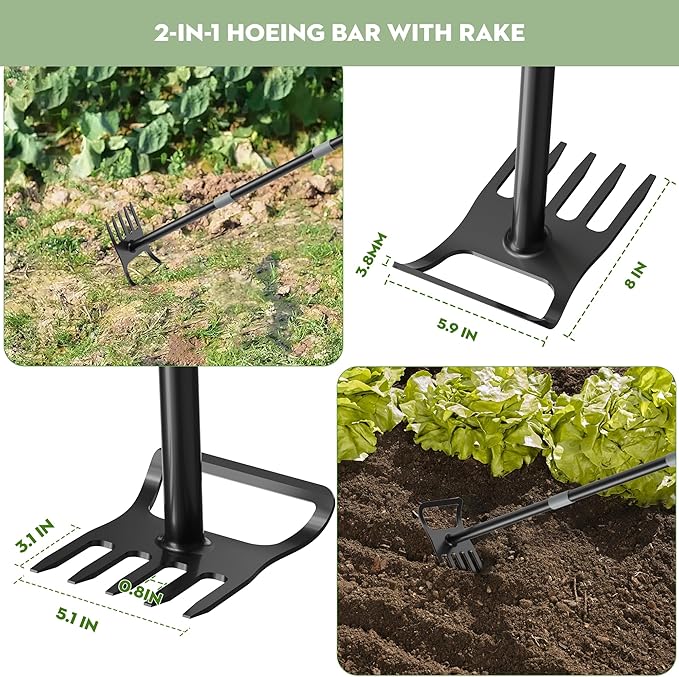 Garden Hoe - Stirrup Hoe and Rake 2 in 1, Heavy Duty Garden Hoe for Weeding with Adjustable Handle 17-60 Inch, Garden Hula Hoe with Rake, Ring Stirrup Hoe Weeder, Black