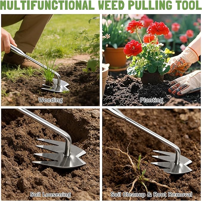 Weed Puller Tool, 4 Teeth Stainless Steel Manual Weeder, Portable Weed Remover Pulling Tool for Cracks Vegetables Garden Backyard Farm Planting & Weeding