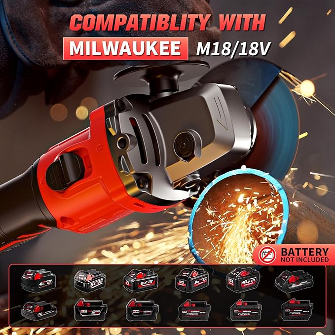 Angle Grinder 4-1/2" Cordless for Milwaukee 18V/M18 Battery, 6 Variable Speed Power Grinder, Brushless Angle Grinder Power Tools For Cutting Grinding Polishing (Tool Only)