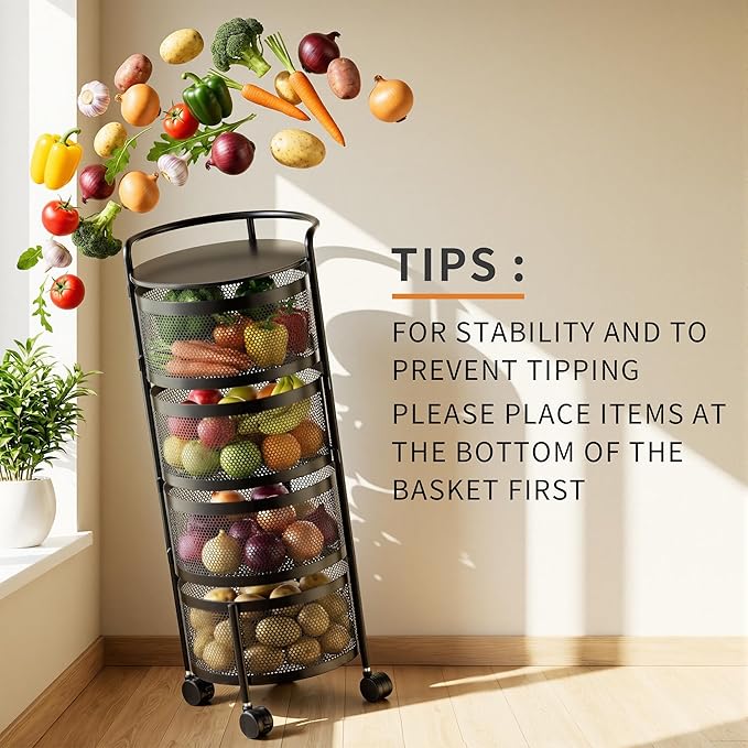 JAQ No Assembly Integrated Vegetable Storage Rack, 4-Tier Rotating Fruit Basket with Wheels, Solid Carbon Steel Kitchen Storage Cart for Potato Onion Produce, Fruteros para Cocina, Black
