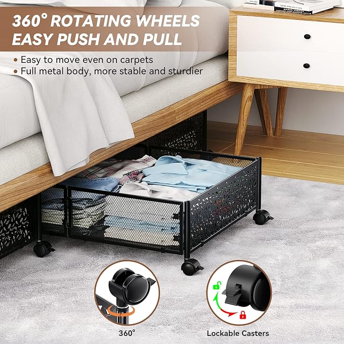 PHINOX Under Bed Storage Containers with Wheels, Under Bed Shoe Storage Organizer Drawer, Tool-free Assembly Metal Storage Containers for Bedroom Clothes Shoes Blankets -2PCK