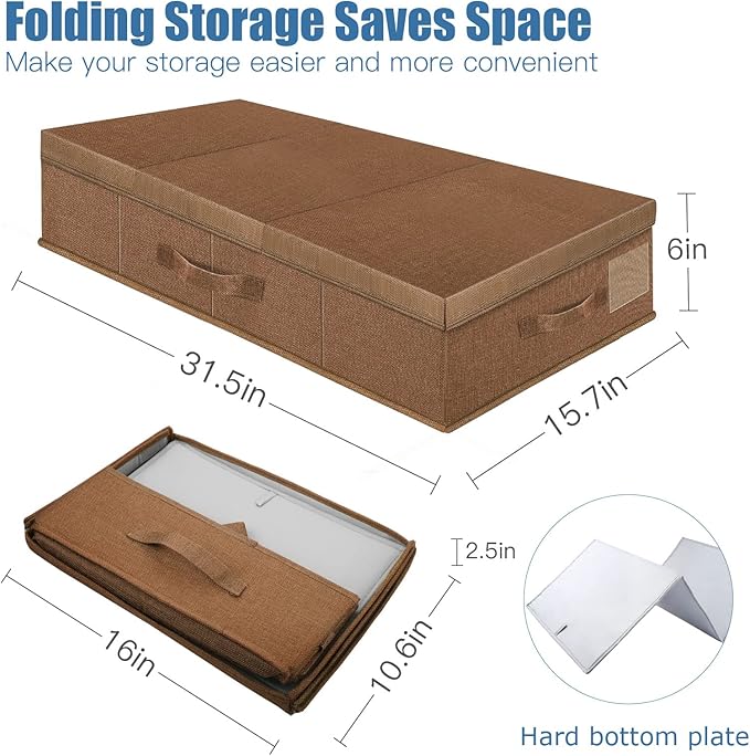 Supowin Underbed Storage Containers Bin with Lids (2pcs) Large Under Bed Storage Organizer Box with Handle, Foldable Under the Storage Bags for Organizing Clothes, Shoes, Blankets, Pillows-Dark brown