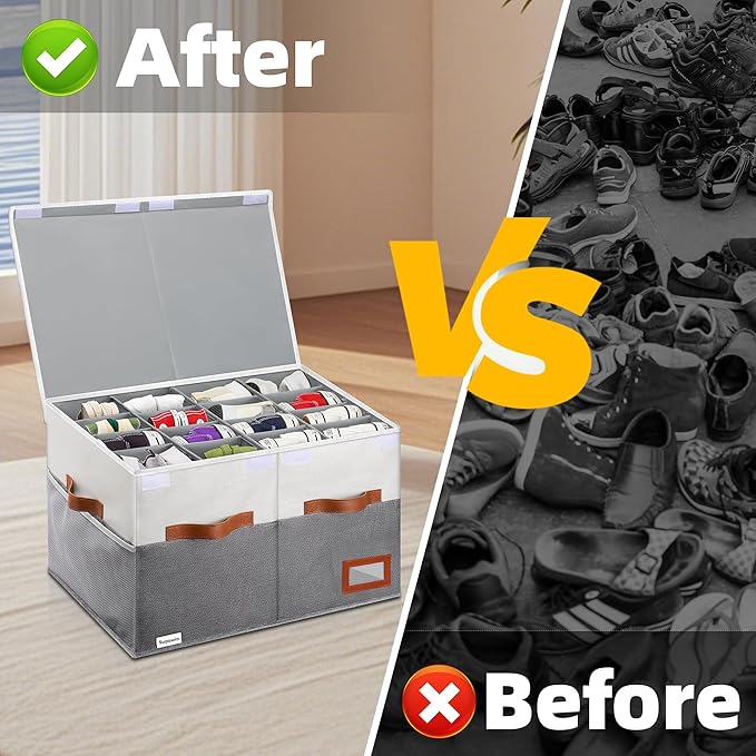 Supowin Shoe Organizer for Closet, Foldable Shoe Storage Bins with Lid & Adjustable Dividers, Fabric Shoe Box Storage Containers with Four Reinforced Handles, Fits 16 Pairs, 1 Pack, Grey