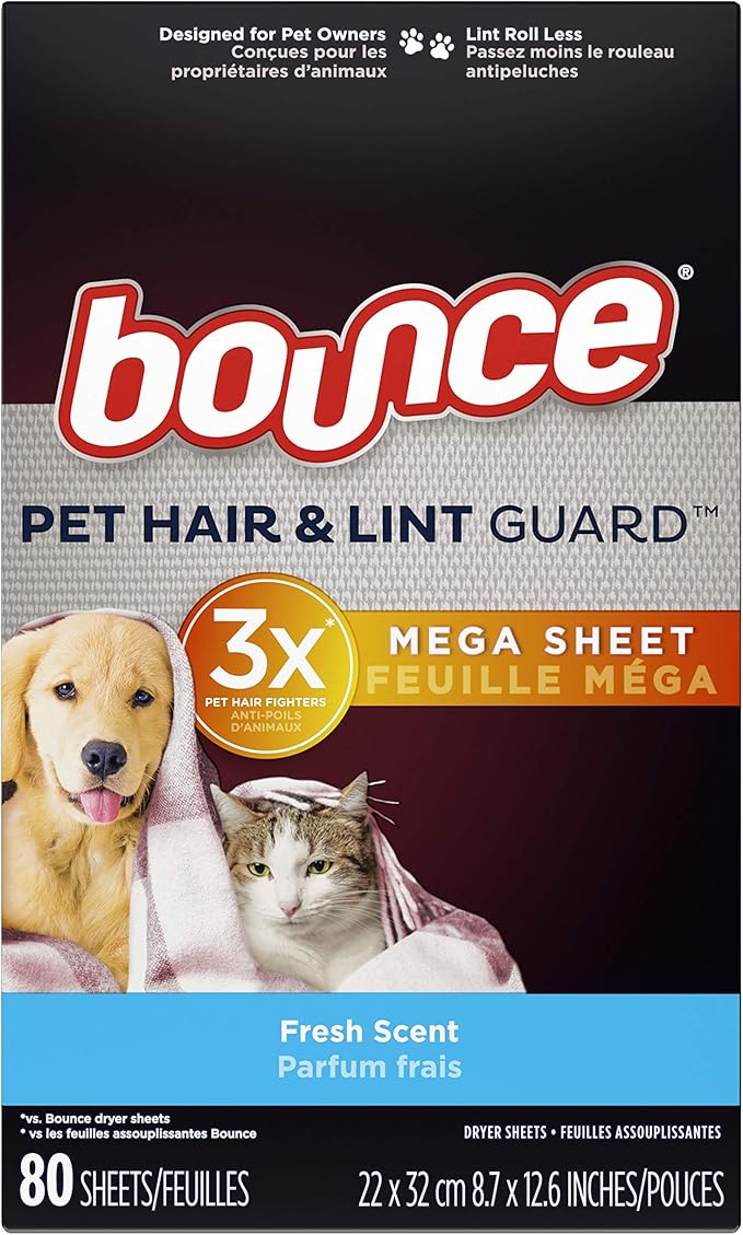Bounce Pet Hair and Lint Guard Mega Dryer Sheets, Fresh Scent, 80 ct