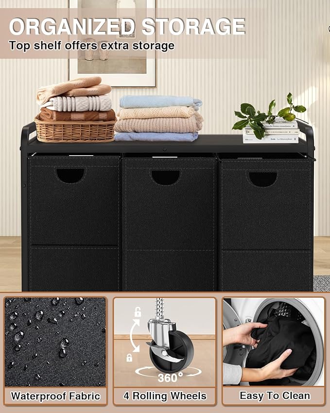 Laundry Sorter 3 Section,Laundry Basket with Wheels,3×15.8 Gal (60L) Laundry Hamper Organizer with Large Wooden Desktop Sorter,Pull-Out and Removable Laundry Bags (Black, 3 Bags - 180L)