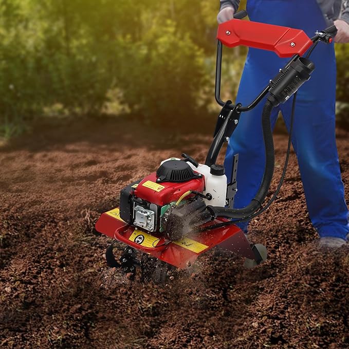 63CC Air-Cooled 4-Stroke Engine, Full-Size Front Tine Tiller, Tilling Width 13.8In, Adjustable Tilling Depth 1.97-5.90In, Rototiller Garden Tool for Weeding, Mixing Fertilizers