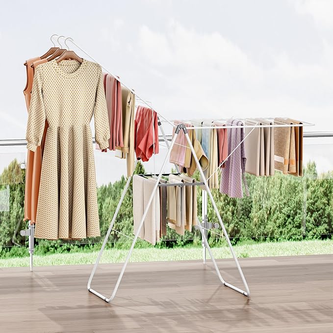 APEXCHASER Clothes Drying Rack, Foldable Oversized Drying Rack Clothing with U-Shaped Foot Cover, Height-Adjustable, Multi-Bar Laundry Rack, Indoor Outdoor Use, 20.47"D x 70"W x 42.52"H, Pearl White