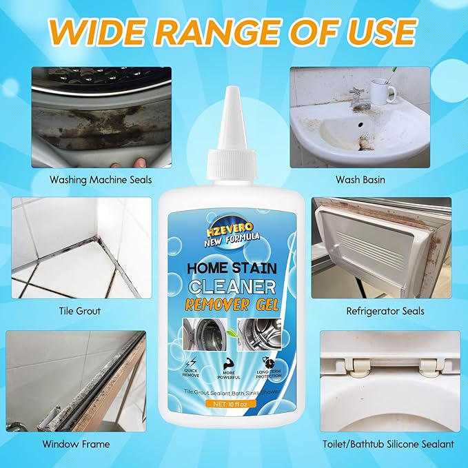 Mold Stain Remover Gel, Washing Machine Gasket Cleaner for Front Loader Washer Rubber Seal Home Stain Removal Gel for Grout, Caulk, Refrigerator, Shower, Bathtub, Bathroom Cleaning Solution (10 Fl Oz)