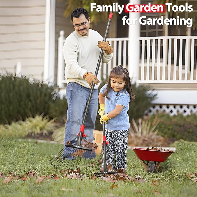 Rake for Leaves, Adjustable Garden Leaf Rakes for Lawns Heavy Duty, Metal Rake with 18 Clog-Free Tines, 9”-17” Collapsible Head, 6 ft Long Handle, Yard Tools for Gardening Camping Fast Cleanup