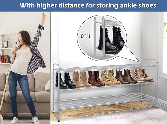 KEETDY 3-Tier Long Shoe Rack for Closet Metal Shoe Organizer for Entryway, Wide Stackable Shoe Storage Shelf with Sturdy Wire Grid for Closet Floor, Bedroom, Grey