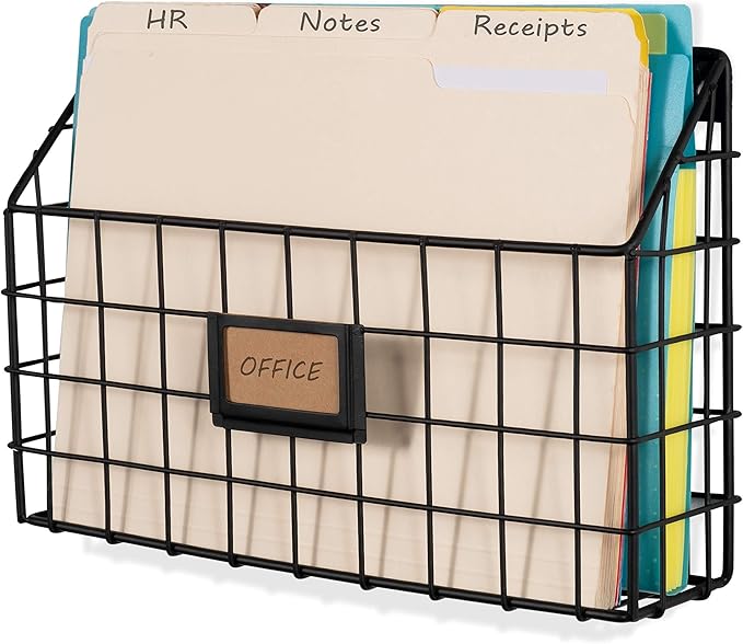 Wall35 Rivista File Holder Home Office Desk Organizer, Wall Mounted Wide Chicken Wire Mail Organizer and Magazine Holder, Metal, Black