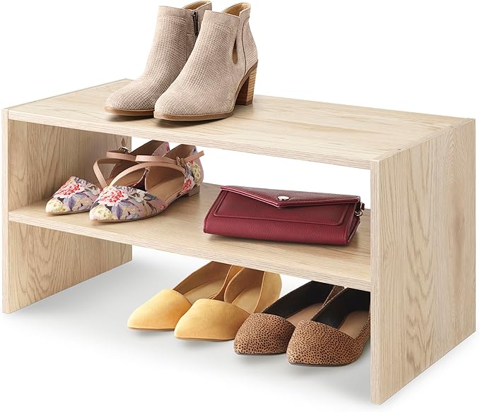 Whitmor Wood Stackable 2-Shelf Shoe Rack, White Oak, 24 inches，2 Pack