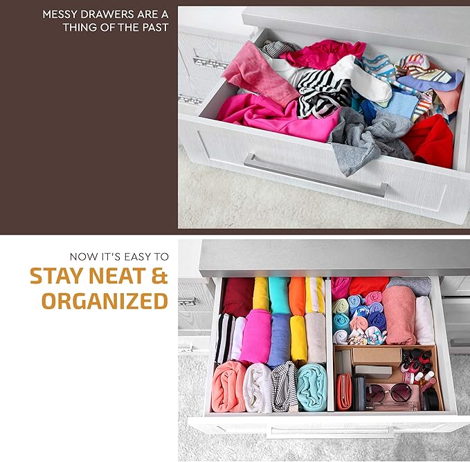 4-Pack Bamboo Drawer Dividers - 2.6" High, 12.5"-17" Adjustable Drawer Organizers for Clothes, Expandable Dresser Separators in Bedroom/Bathroom/Kitchen/Office Organization and Storage (White)