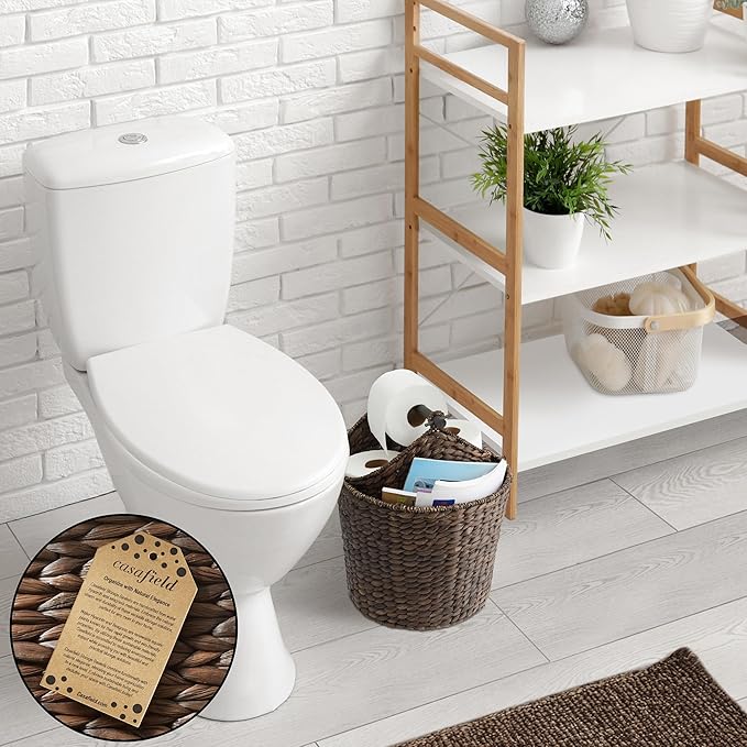 Casafield Toilet Paper Roll Storage Basket with Magazine Holder, Espresso - Woven Water Hyacinth Wicker Bathroom Bin for Bath Tissue and Toiletries
