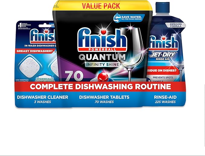 Finish Quantum Clean Bundle - Quantum Dishwasher Detergent Pods (70ct), Jet Dry Rinse Aid (23oz) for Residue & Hard Water, Dishwasher Cleaner (8.45oz) Deodorizer &Limescale Removal