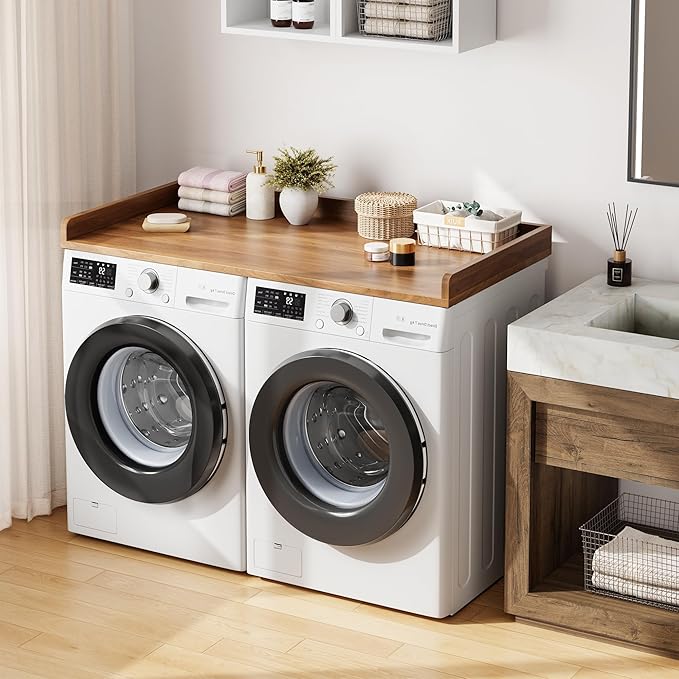 Washer Dryer Countertop, 54.3" x 27.6" Wooden Laundry Countertop with Edge Rails, Washer and Dryer Topper for Laundry Room Organization and Storage