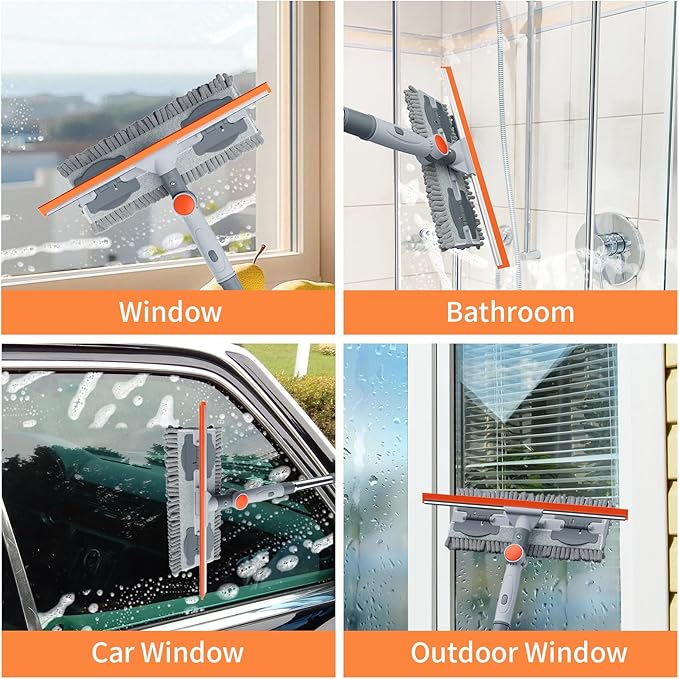 6.4FT Extendable 2-in-1 Window Washing Kit with Long Handle, 180° Rotatable Head & No-Drill Storage Holder, Streak-Free Window Squeegee for High Windows, Glass, Shower, and Car Windshield Cleaning