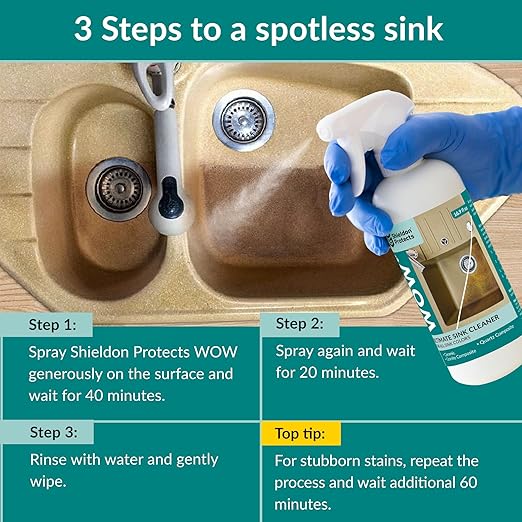 Shieldon Protects WOW cleaning spray for Composite and Conglomerate Sinks - Granite Composite Cleaner for Discoloration and Stains - Silgranit, Fragranit and Blanco - 250ml