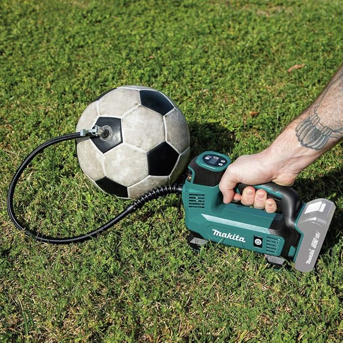 Makita DMP180ZX 18V LXT® Lithium-Ion Cordless Inflator, Battery Powered, Tool Only(battery and charger not included);Presta valve adapter;Sports ball needle;Tapered adapter, Teal