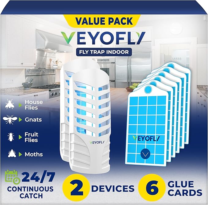 VEYOFLY Fruit Fly Traps for Indoors, Fly Trap Indoor, (2 Device + 6 Refills) Fly Catcher Indoor, Gnat Traps for House Indoor, Fly Trap, Plug in Light Flying Insect Trap, Bug Killer