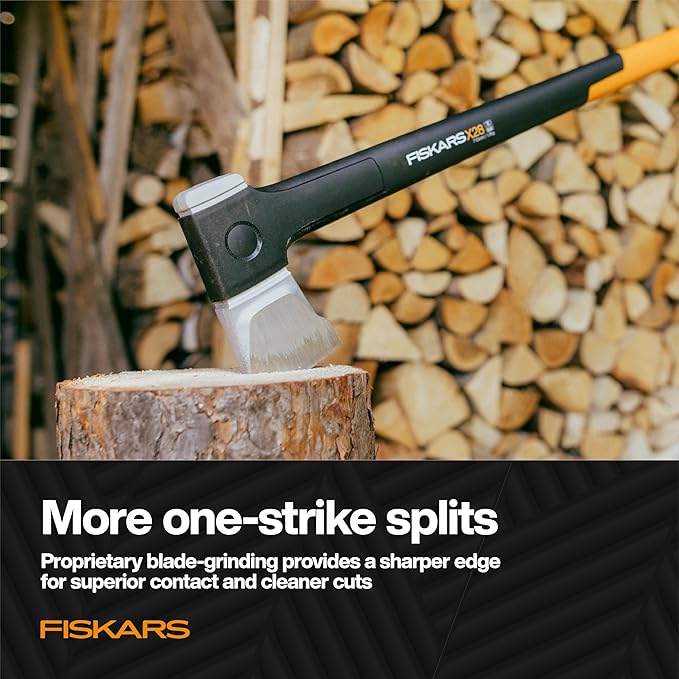 Fiskars X28 Splitting Axe 28", Forged Steel Blade for More One-Strike Splits on Medium Logs, Shock-Absorbing FiberComp Handle & Low-Friction Coating for Easy Removal & Rust Protection