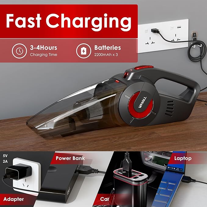 Whall Handheld Cordless Car Vacuums, Wet and Dry Use 9000Pa Strong Suction Vacuums, Rechargeable Portable Vacuum Cleaner with LED, Charging Dock, Lightweight Mini Vacuum for Car, Home and Office,Red