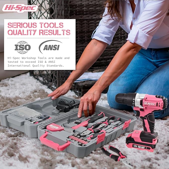 Hi-Spec Cordless Drill Tool Set: Pink Power Drill for Women used for DIY, Building and Fixing Tasks Easy to use All In One Set in Pink Color Stored in a Case 81 Pieces