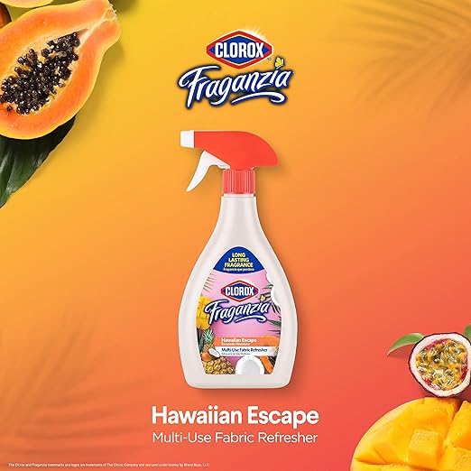 Clorox Fraganzia Refresher Spray, Hawaiian Escape Scent - Multi-Use Fabric & Linen Freshener Spray - Odor Eliminator for Home, Upholstery, Bedding, Curtains, Room, 22 Fl Oz