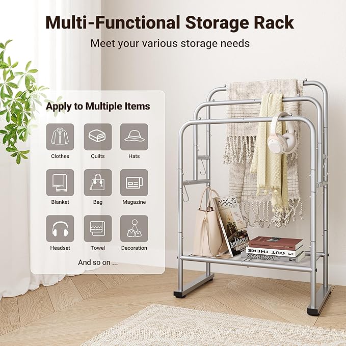 ELYKEN 40'' Tall Standing Towel Racks, 3 Tier Towel Drying Rack Outdoor, Pool Towel Stand Blanket Holder with Shelf & 4 Removable Hooks, Metal Freestanding Towel Racks for Bathroom, Smooth Silver