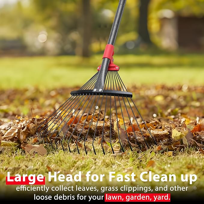 Rake for Leaves, Adjustable Garden Leaf Rakes for Lawns Heavy Duty, Metal Rake with 18 Clog-Free Tines, 9”-17” Collapsible Head, 6 ft Long Handle, Yard Tools for Gardening Camping Fast Cleanup