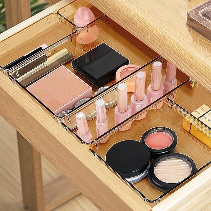 StorMiracle 23 PCS Drawer Organizer Set, 5 Varied Size Bathroom and kitchen Drawer cabinet organizer Trays, Clear Storage Bins for Makeup, Jewelry, Utensils and Gadgets, Champagne